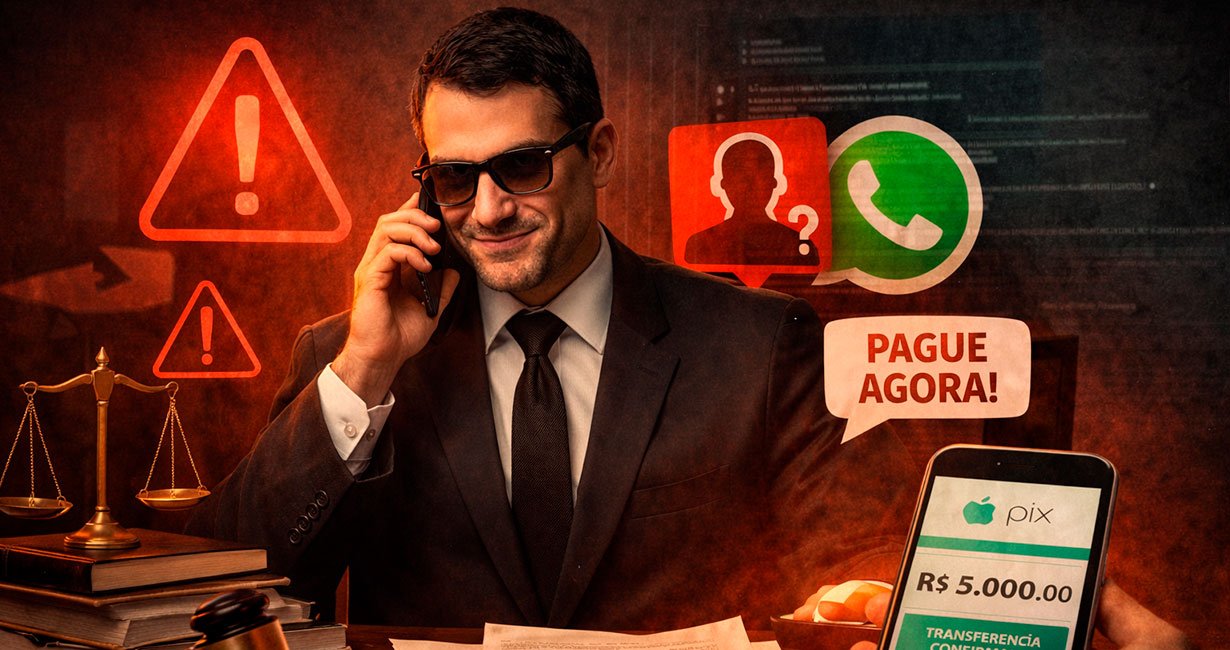 Imagem de um homem vestido formalmente segurando um aparelho de celular com sorriso malicioso, ao fundo vemos sinais de alerta e símbolo do WhatsApp